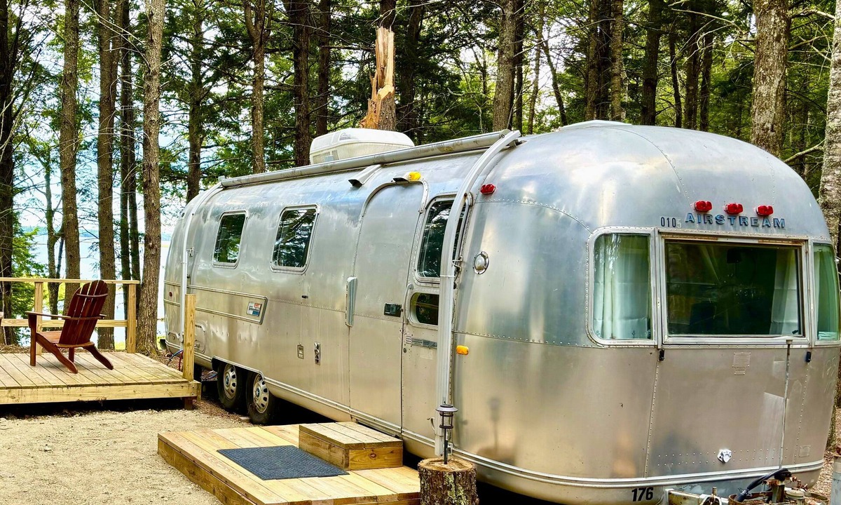 Mariaville Cabin | Chic Vintage Airstream with fabulous view, wooded lakefront, near Acadia
