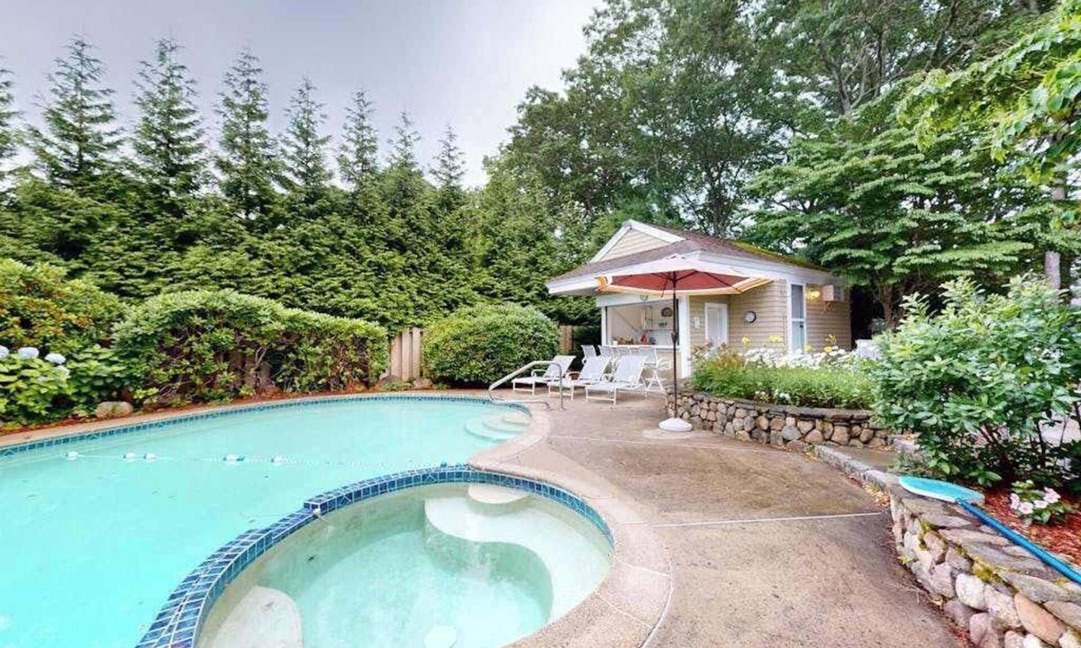 Mashpee House | Private pool close to beach with cabana, grill, AC, patio, dog-friendly