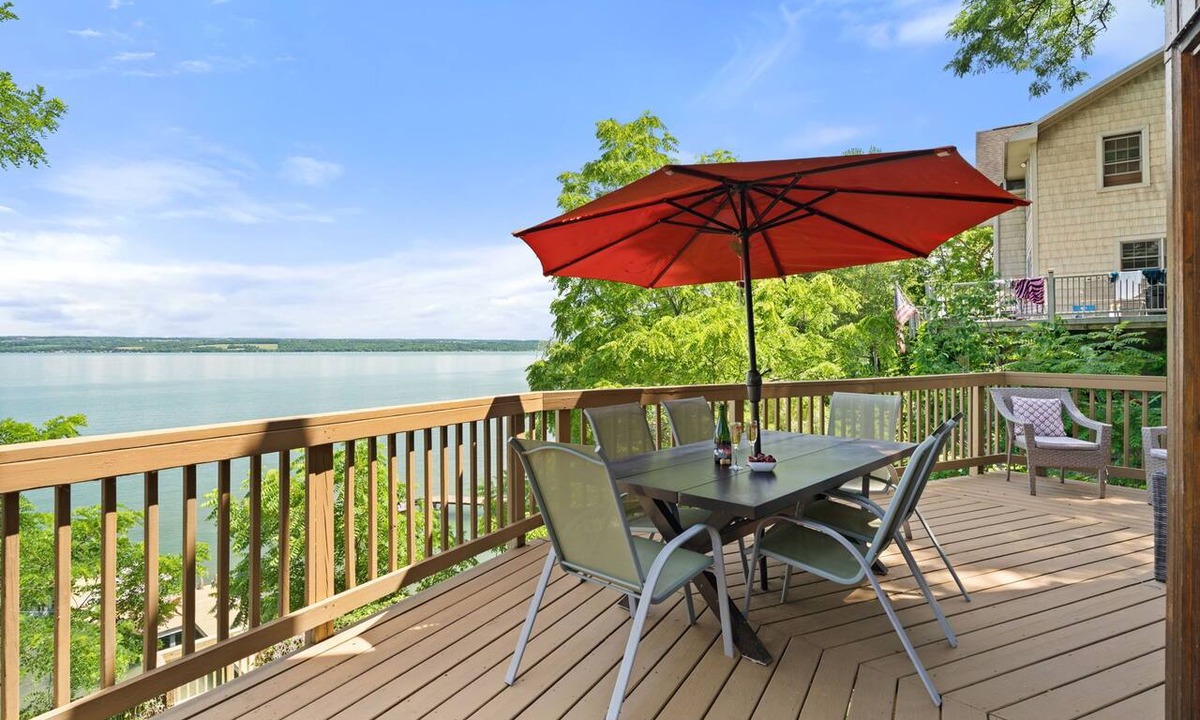 Romulus House | Relax at Poplar Beach Retreat on the sparkling waters of Cayuga Lake. This charming waterfront escape combines rustic character with bright, comfortable living spaces, creating the perfect setting for a relaxing Finger Lakes getaway.