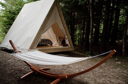 Woodstock RV Rental | A-Frame Site 2 | Queen Bed | Pond View