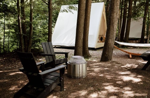 Woodstock RV Rental | A-Frame Site 2 | Queen Bed | Pond View