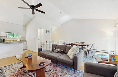 Quechee Condo | Cozy condo w/balcony, river view, electric woodstove, w/d, wifi, kitchen, a/c