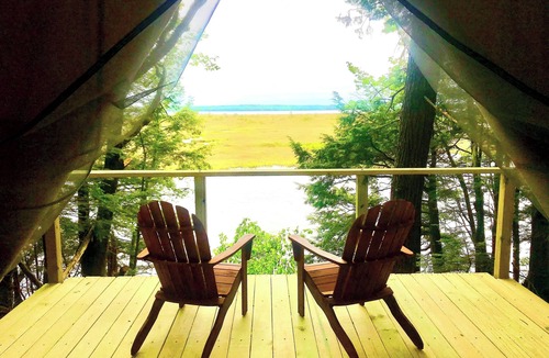 Mariaville Cabin | Lakefront Glamping Tent w/ensuite bath, King Bed, Fabulous View, near Acadia