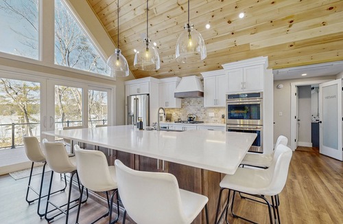 Gray House | Lakefront house with private beach, firepit, dock, 4 kayaks, grill & hot tub