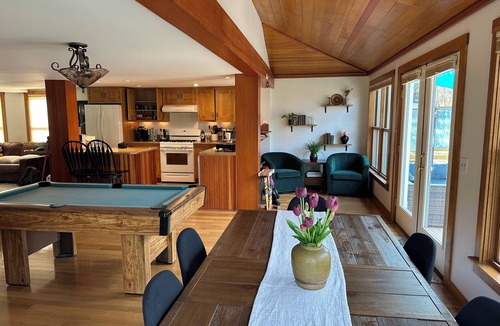 Moretown House | Mad River Valley riverfront retreat with sauna, swimming access, pooltable