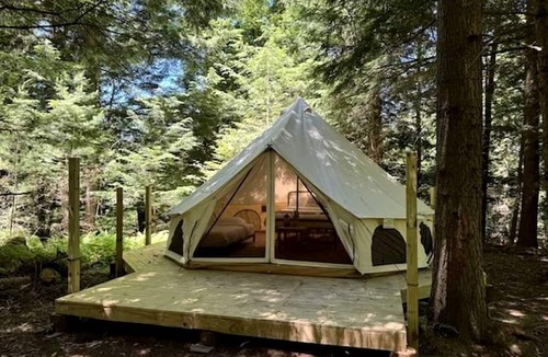 Broadalbin RV Rental | Spacious Group Glamping Site with Safari Tents, BBQ Gazebo, Fire Pits, Forest Trails in Broadalbin, New York