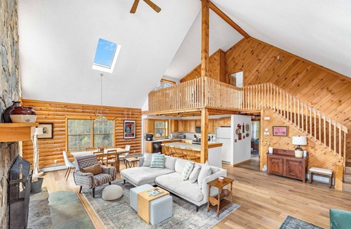Weston House | Vermont Log Cabin, Stone Fireplace & Forest Deck