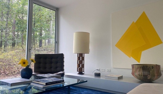 A modern masterpiece, The Glass House Water Mill, private & surrounded by nature in Water Mill