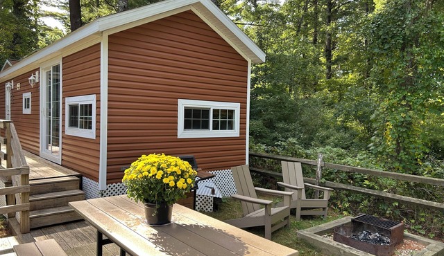 Cozy 2-bedroom cabin with AC. Fun for all ages with pond and pool access.