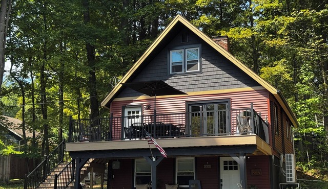 tLake George Chalet Beach Access Fire Pit Sleeps 8 Pet friendly